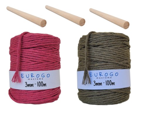 Sznurek Bawełniany Skręcany do Makramy Malinowy Khaki Drążek Drewniany ECO Sznurek Bawełniany Skręcany do Makramy Malinowy Khaki Drążek Drewniany ECO