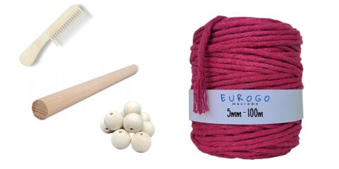 Sznurek do Makramy Skręcany Bawełniany Malinowy 5mm Koraliki Drewniane 25mm Sznurek do Makramy Skręcany Bawełniany Malinowy 5mm Koraliki Drewniane 25mm