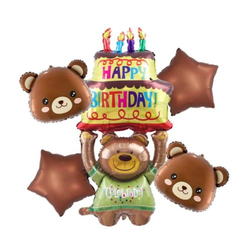 Balony Urodzinowe z Nadrukiem HAPPY BIRTHDAY Miś z Tortem Gwiazdy 5 sztuk Balony Urodzinowe z Nadrukiem HAPPY BIRTHDAY Miś z Tortem Gwiazdy 5 sztuk