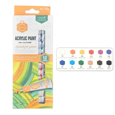 Farby AKRYLOWE w Tubkach 12 Żywych Kolorów x 6ml Szybki Czas Schnięcia