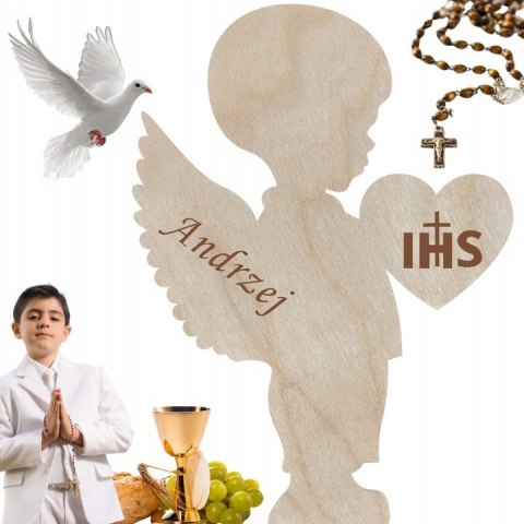 Anioł 23 cm z IMIENIEM na Pierwszą Komunię Chłopiec Personalizowany Dekor