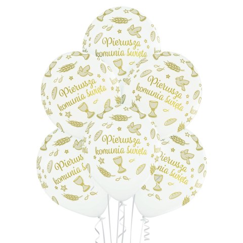 Balony Pierwsza Komunia Święta Białe ze Złotym Nadrukiem Lateks 30 cm 6 szt Balony Pierwsza Komunia Święta Białe ze Złotym Nadrukiem Lateks 30 cm 6 szt