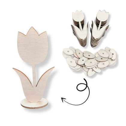 Drewniany Tulipan 15,8 cm Kwiat Stojący na Podstawce Dekor Zestaw 50 szt.