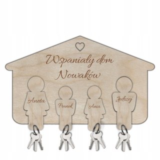 Wieszak na Klucze Domek z Imionami Domowników Sklejka Drewniana Ekologiczna