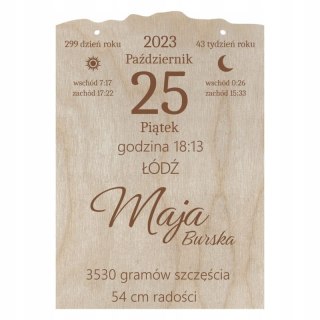 Metryczka Dziecka Kartka z Kalendarza Narodziny Pamiątka Drewniana Personalizowana