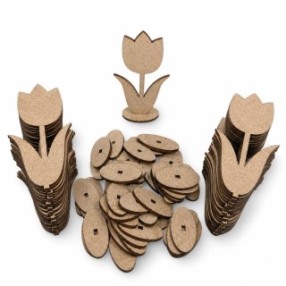 Drewniany Tulipan 12 cm Kwiat Kwiatek Kwiatki 50 SZTUK Stojący na Podstawce
