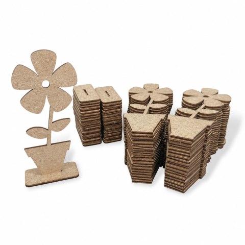 Kwiat Drewniany Kwiatek Kwiatki w Doniczce 15 cm Zestaw 50 SZTUK SUROWY HDF