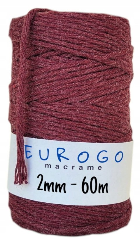 Sznurek do Makramy Bawełniany Skręcany Ekologiczny EKO Bordowy 60m 2mm Sznurek do Makramy Bawełniany Skręcany Ekologiczny EKO Bordowy 60m 2mm